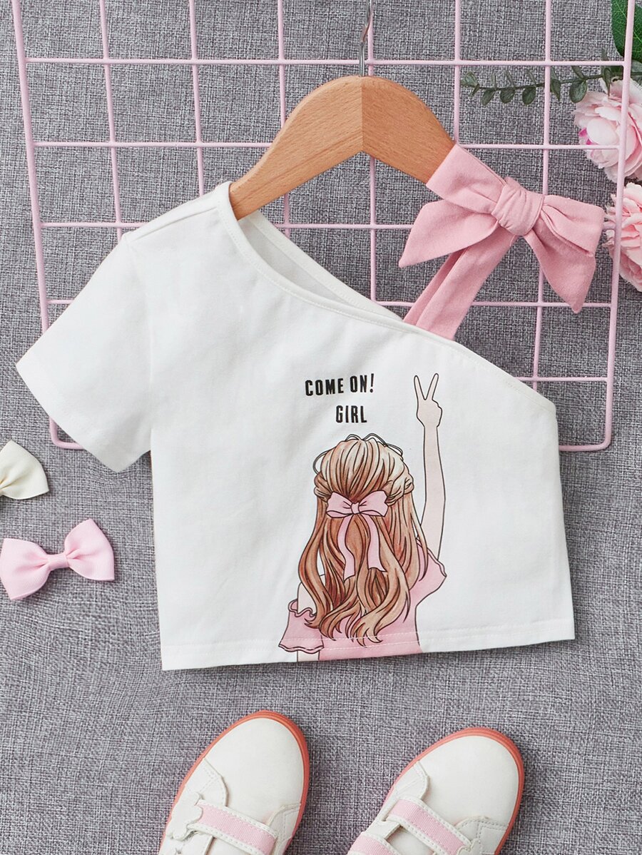SHEIN Tops con gái lớn Bất đối xứng Thắt nút Con số Lá thư Giải trí - Màu Hồng baby - Xem 1
