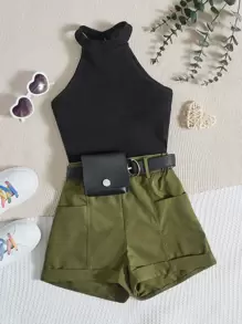 SHEIN Tween Girl Ribbed Knit Halter Top & Shorts Without Belt Bag - Army Green - View 1