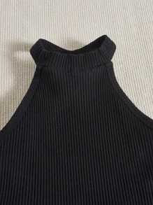 SHEIN Tween Girl Ribbed Knit Halter Top & Shorts Without Belt Bag - Army Green - View 4