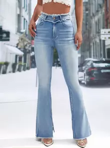 SHEIN Essnce High Waist Raw Hem Flare Leg Jeans - Light Wash - View 1