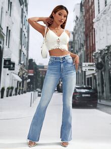 SHEIN Essnce High Waist Raw Hem Flare Leg Jeans - Light Wash - View 3