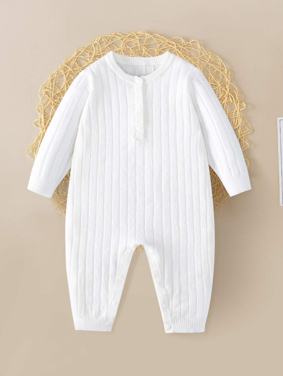 Baby Solid Button Front Ribbed Knit Jumpsuit - White - View 1