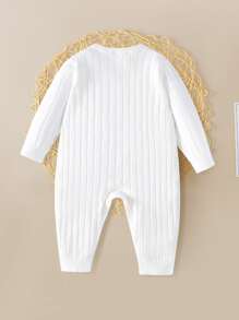 Baby Solid Button Front Ribbed Knit Jumpsuit - White - View 2