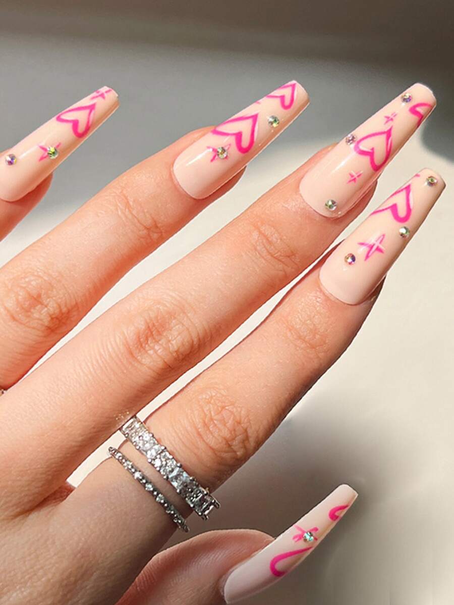 24pcs Long Coffin 3D Rhinestone Decor Fake Nail & 1pc Nail File & 1sheet Tape - Multicolor - View 1