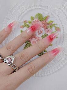 24pcs Long Coffin Heart Pattern Fake Nail & 1sheet Tape & 1pc Nail File - Red - View 1