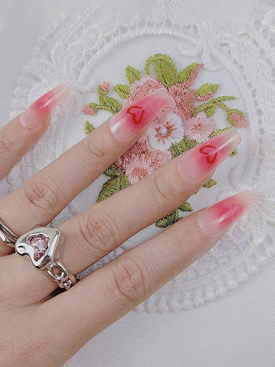 24pcs Long Coffin Heart Pattern Fake Nail & 1sheet Tape & 1pc Nail File - Red - View 1