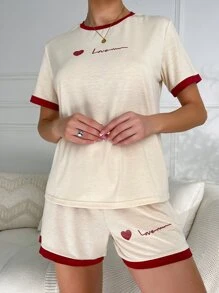 Conjunto de pijama con estampado de corazón y letra ribete en contraste - Beis - Ver 1