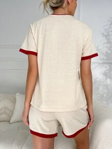 Conjunto de pijama con estampado de corazón y letra ribete en contraste - Beis - Ver 2