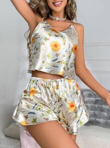 Conjunto de pijama con estampado floral bajo con fruncido de satén - Multicolor - Ver 5