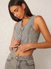 Chaleco lavado con acido con botón mezclilla - Gris Claro - Ver 3