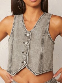 Chaleco lavado con acido con botón mezclilla - Gris Claro - Ver 4