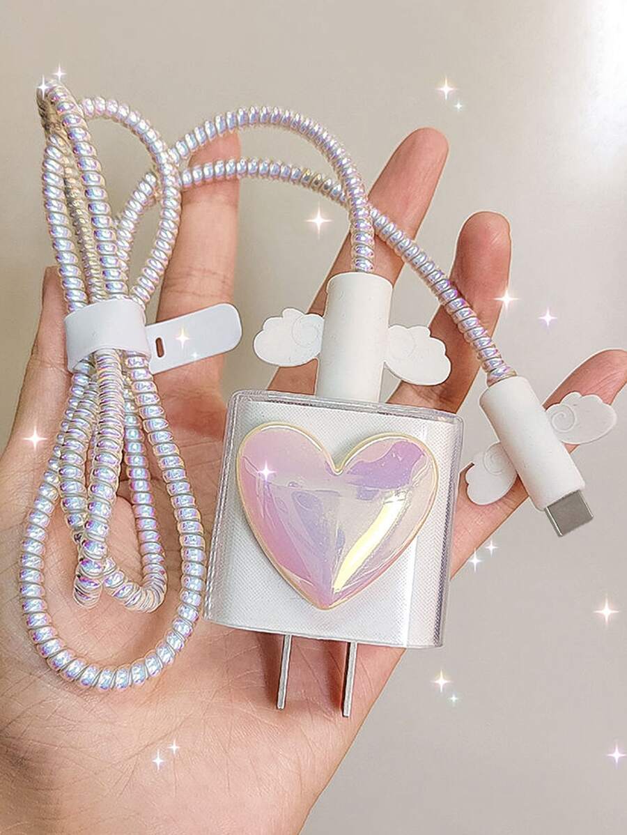 5入組翅膀和愛心裝飾數據線保護套和充電器頭套 - 粉色 - 查看 1