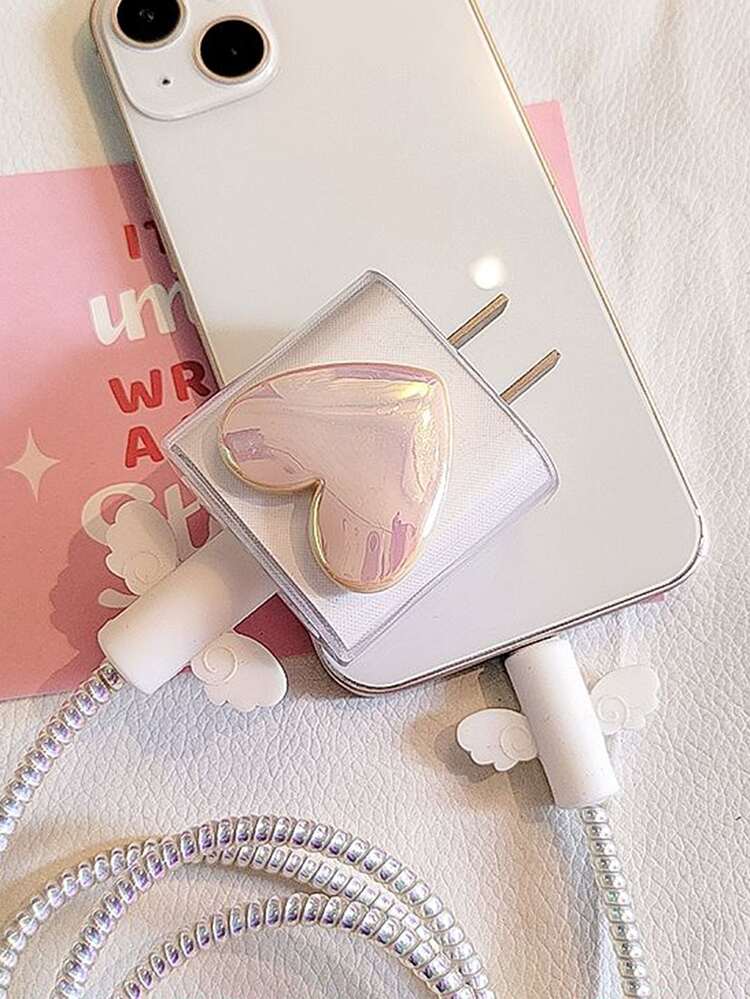 5入組翅膀和愛心裝飾數據線保護套和充電器頭套 - 粉色 - 查看 5