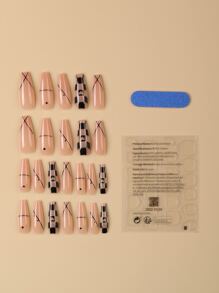 24pcs Long Coffin Checkered Pattern Fake Nail & 1pc Nail File & 1sheet Tape - Multicolor - View 2