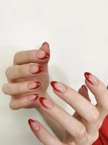 Upgrade Your Look with 24pcs Long Oval Red French Style Fake Nail & 1sheet Tape & 1pc Nail File - Multicolor - View 1