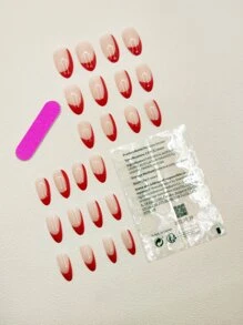 Upgrade Your Look with 24pcs Long Oval Red French Style Fake Nail & 1sheet Tape & 1pc Nail File - Multicolor - View 2