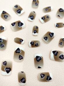 24pcs Short Square Heart Pattern Fake Nail & 1pc Nail File & 1sheet Nail Tape - Multicolor - View 4