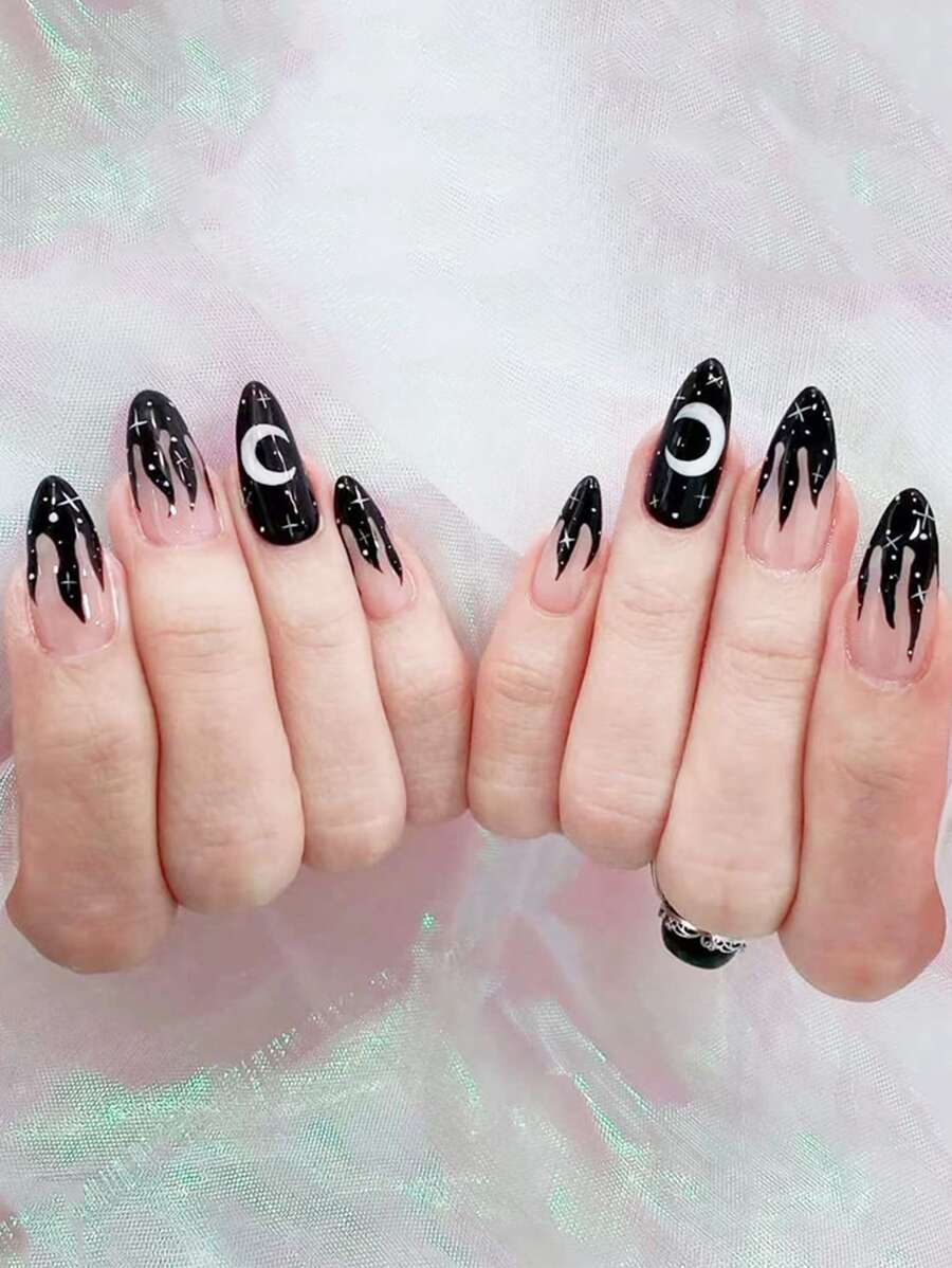 Upgrade Your Look with 24pcs Long Almond Black Fire Moon Pattern Fake Nail & 1pc Nail File & 1sheet Tape - Multicolor - View 1