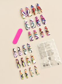 Transform Your Nails with 24pcs Long Coffin Abstract Graffiti Colorblock Fake Nail & 1pc Nail File & 1sheet Nail Tape - Multicolor - View 2