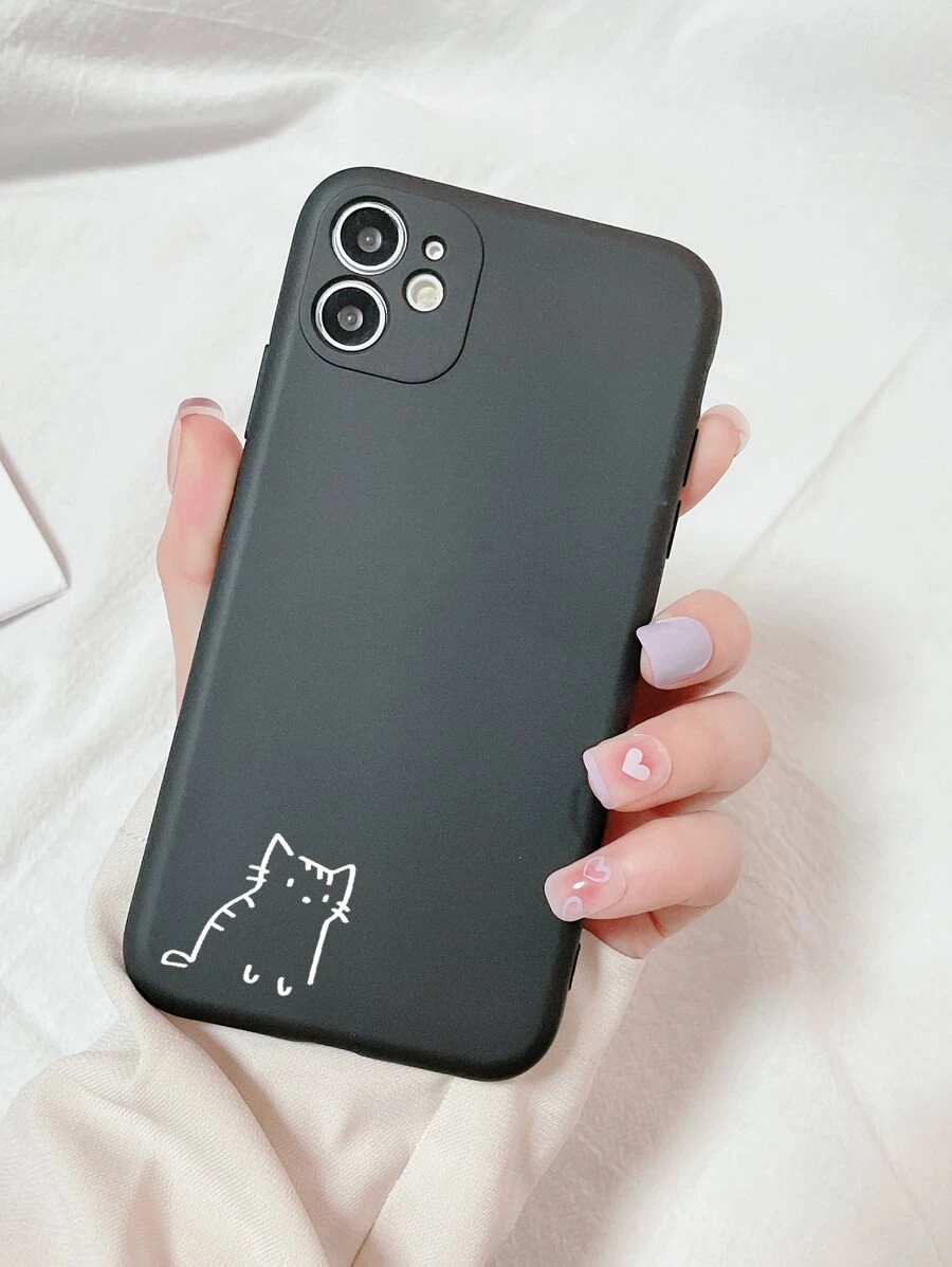 1pc Solid Color Painted Matte Tpu Phone Case With Cat Pattern Print, Compatible With Apple, Compatible With Samsung, Compatible With Xiaomi - Black - View 1