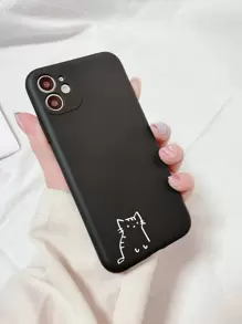 1pc Solid Color Painted Matte Tpu Phone Case With Cat Pattern Print, Compatible With Apple, Compatible With Samsung, Compatible With Xiaomi - Black - View 2