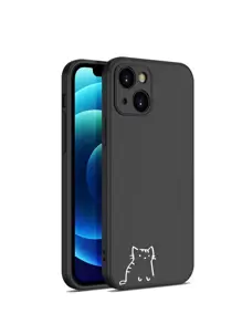 1pc Solid Color Painted Matte Tpu Phone Case With Cat Pattern Print, Compatible With Apple, Compatible With Samsung, Compatible With Xiaomi - Black - View 3