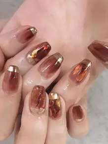 Get Glamorous With 24pcs Short Coffin Amber Smudged Bronzing Graphic Fake Nail & 1pc Nail File & 1sheet Tape Press On Nails Nail Supplies - Multicolor - View 1