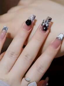 24pcs Short Coffin 3D Butterfly Decor Fake Nail & 1pc Nail File & 1sheet Tape - Multicolor - View 1