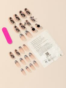 24pcs Short Coffin 3D Butterfly Decor Fake Nail & 1pc Nail File & 1sheet Tape - Multicolor - View 2