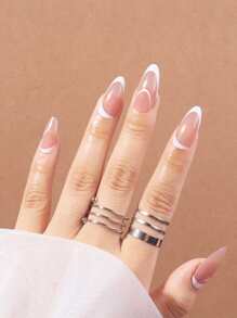 24pcs Long Almond Two Tone Fake Nail & 1pc Nail File & 1sheet Tape - Multicolor - View 1