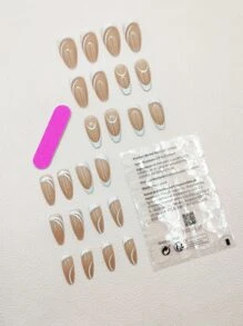 24pcs Long Almond Two Tone Fake Nail & 1pc Nail File & 1sheet Tape - Multicolor - View 2