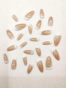 24pcs Long Almond Two Tone Fake Nail & 1pc Nail File & 1sheet Tape - Multicolor - View 4