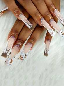 Elevate Your Style with 24pcs Long Square Flower Pattern Flame Fake Nail & 1pc Nail File & 1sheet Nail Tape - Multicolor - View 1