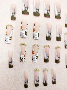 Elevate Your Style with 24pcs Long Square Flower Pattern Flame Fake Nail & 1pc Nail File & 1sheet Nail Tape - Multicolor - View 2