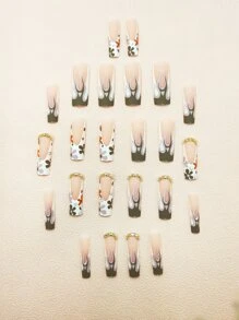 Elevate Your Style with 24pcs Long Square Flower Pattern Flame Fake Nail & 1pc Nail File & 1sheet Nail Tape - Multicolor - View 5
