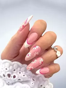 24pcs Long Almond Floral Pattern Fake Nail & 1pc Nail File & 1sheet Tape - Multicolor - View 1