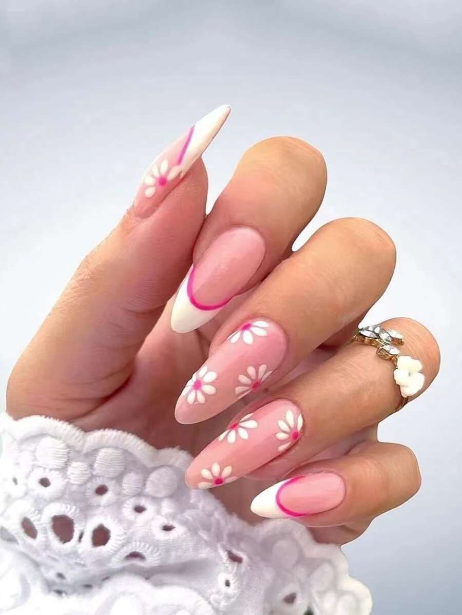 24pcs Long Almond Floral Pattern Fake Nail & 1pc Nail File & 1sheet Tape - Multicolor - View 1