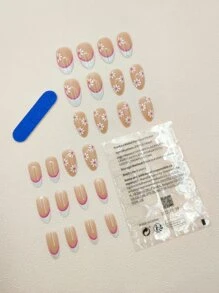 24pcs Long Almond Floral Pattern Fake Nail & 1pc Nail File & 1sheet Tape - Multicolor - View 2