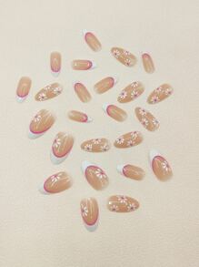 24pcs Long Almond Floral Pattern Fake Nail & 1pc Nail File & 1sheet Tape - Multicolor - View 3