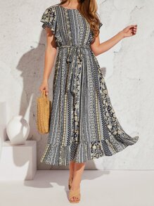 SHEIN VCAY Floral and Geo Print Butterfly Sleeve Ruffle Hem Belted Dress