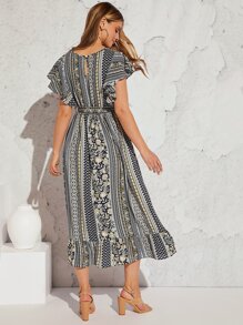 SHEIN VCAY Floral and Geo Print Butterfly Sleeve Ruffle Hem Belted Dress