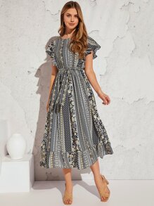 SHEIN VCAY Floral and Geo Print Butterfly Sleeve Ruffle Hem Belted Dress