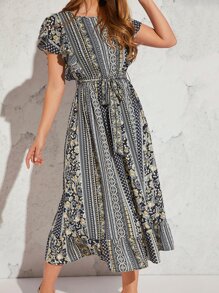 SHEIN VCAY Floral and Geo Print Butterfly Sleeve Ruffle Hem Belted Dress