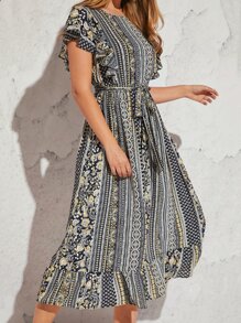 SHEIN VCAY Floral and Geo Print Butterfly Sleeve Ruffle Hem Belted Dress