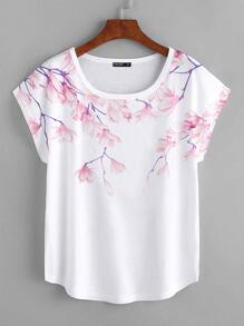 Mulvari Plus Floral Print Batwing Sleeve Curved Hem Tee - White - View 1