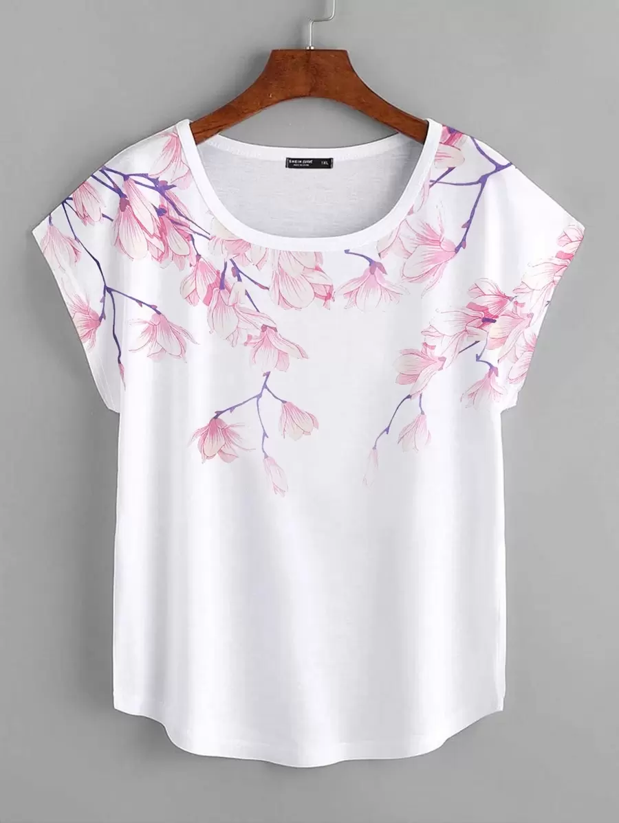 Mulvari Plus Floral Print Batwing Sleeve Curved Hem Tee - White - View 1