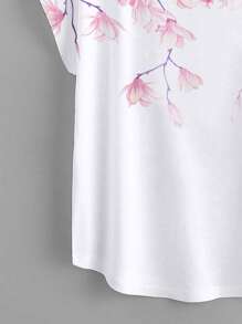 Mulvari Plus Floral Print Batwing Sleeve Curved Hem Tee - White - View 4