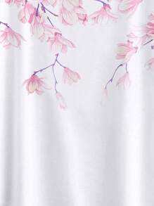 Mulvari Plus Floral Print Batwing Sleeve Curved Hem Tee - White - View 5