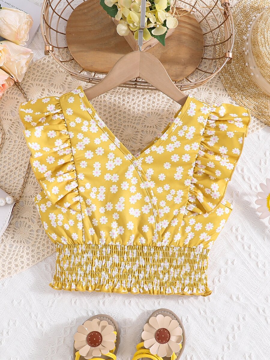 SHEIN Chicas Blusa con estampado floral ribete con fruncido - Amarillo - Ver 1
