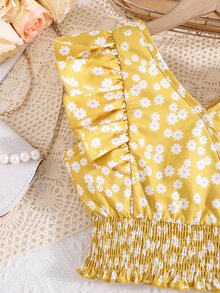 SHEIN Chicas Blusa con estampado floral ribete con fruncido - Amarillo - Ver 3